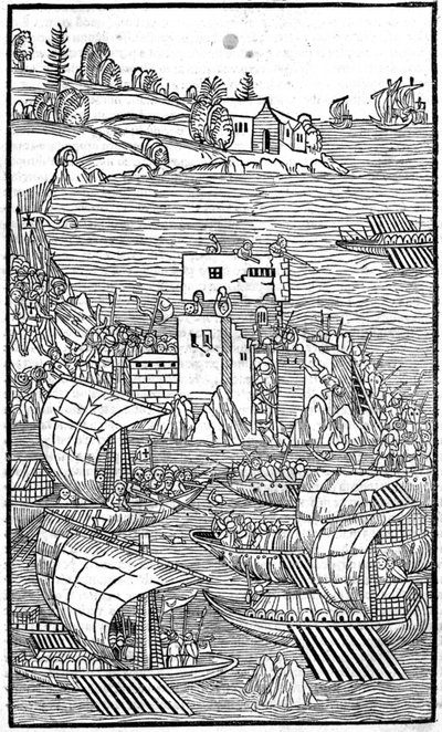 Rhodoksen ritarit (Jerusalemin Pyhän Johanneksen sairaalahoitajien ritarikunta) hyökkäämässä Rhode Islandia vastaan ​​Guilelmus Caorsinin, Ulmae, Joh. Hallitus lokakuuta tekijältä Unknown artist