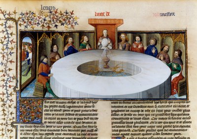 Pyöreän pöydän ritarit The Story of Lancelotista. Pyhän Graalin esiintyminen pyöreän pöydän ritarien edessä, miniatyyri otettu "The History of Lancelot", velin tekijältä Unknown artist