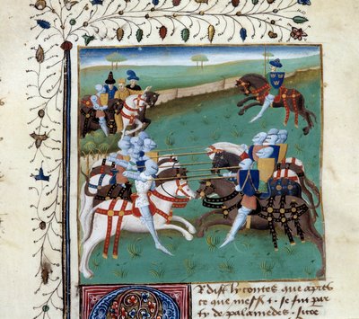 Knights of the Round Table osallistuu ritarilliseen turnaukseen. Miniatyyri Master Charles of Mainen käsikirjoituksesta "Tristanin romaani". tekijältä Unknown artist