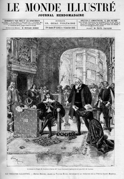 Markiisi de Nangis (tulkinta Dumaine) ja Marion (Sarah Bernhardt) rukoilevat kuningas Ludvig XIII:ta (Garnier). Teatteriteos "" Marion Delorme", Victor Hugon (1802-1885) draama kuvaa Saint Martinin oven teatteria sen jälkeen, kun se on kielletty tekijältä Unknown artist