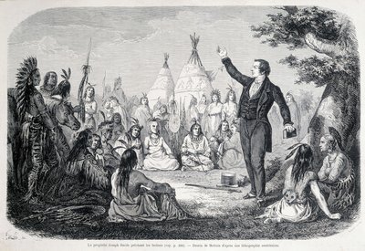 Mormonien profeetta Joseph Smith saarnaa intiaaneja (Pohjois-Amerikka). 1800-luvun kuvitus. tekijältä Unknown artist