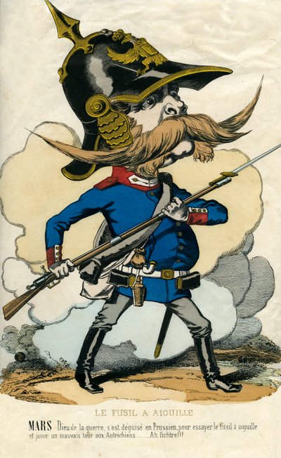 Neulakivääri - Otto Von Bismarckin (1815-1898) muotokuva Preussin liittokansleri - Mars, sodan jumala, pettyi preussilaisena kokeillakseen neulakivääriä ja tehdäkseen huonon tempun itävaltalaisille... Karikatyyri tekijältä Unknown artist