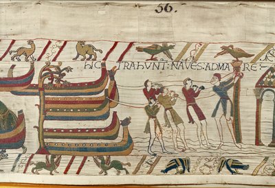 Normanit vetävät laivansa merelle, Bayeux Tapestry (villakirjonta pellavalle) tekijältä Unknown artist