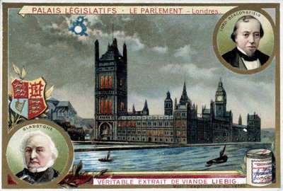Westminsterin palatsi eli Lontoon parlamentti (Englanti), jossa muotokuvia William Ewart Gladstonesta (1809-1898) ja Benjamin Disraelista, Lord Beaconsfieldistä (1804-1881) - Liebig-kromolitografia tekijältä Unknown artist