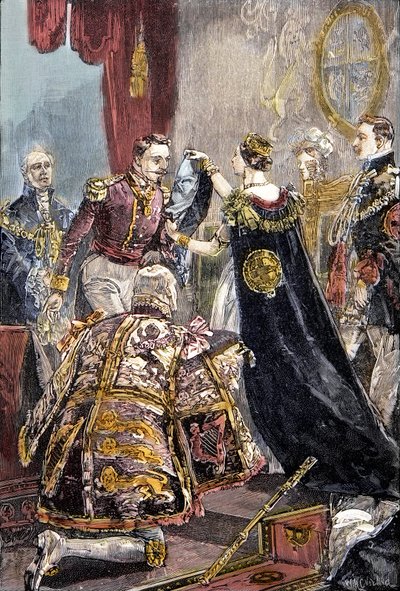 Kuningatar Victoria sijoittaa Ranskan keisarille sukkanauharitarikunnan Windsorin linnassa tekijältä Unknown artist