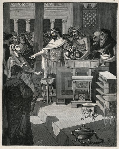 Rooman keisari Caligula (12-41) brocanterissa Rooman Galliassa. Kaiverrus vuodelta 1885 kirjassa "Les arts et metiers illustres", kirjoittanut Adolphe BITARD. tekijältä Unknown artist