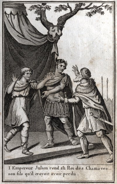 Rooman keisari Julianus (Flavius Claudius Julianus, Julianus luopio, Julianus filosofi, Julianus II) (332-363) antaa takaisin chamaveen germaanisen kansan kuninkaalle poikansa, jonka hän luuli menettäneensä. 4. vuosisadalla. Kaiverrus "Beaute de l tekijältä Unknown artist