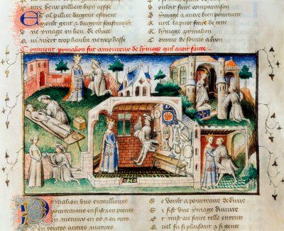 "" Ruusun roomalainen "": "Kuinka Pygmalion rakastui tekemäänsä patsaaseen ". Miniatyyri 1300-luvulta. Valencian yliopiston kirjasto. tekijältä Unknown artist