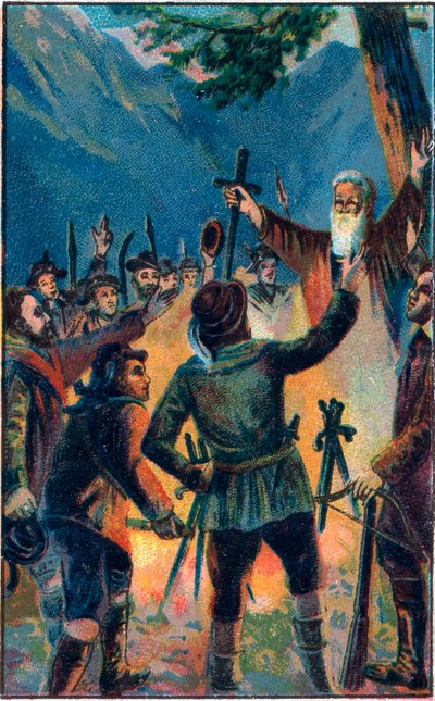 Rutlischwur (Rutlin vala) - vanhan Sveitsin valaliiton legendaarinen vala - Kolme Sveitsin liittovaltiota vannovat uskollisuutta Ruetlille - Le Oath du Grutli (Rutlischwur) (Patto del Grutli) perustava myytti Sveitsin kromikirjoituksesta1307 lopussa tekijältä Unknown artist