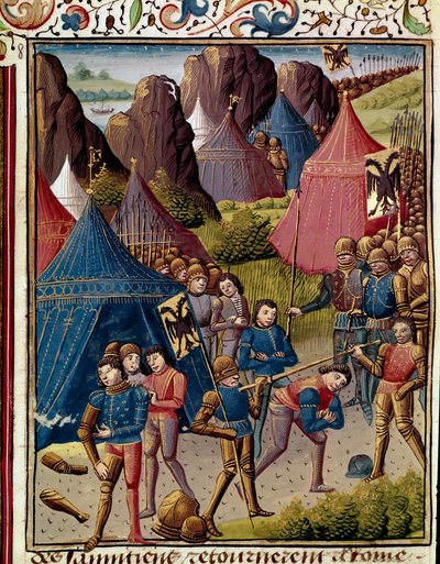 Samniitit menevät roomalaisten pienoismalliin "" Rooman historiasta"" (Ad urbe condita), kirjoittaja Tite Live (59 eKr.-17 jKr.) (Titus Livius), kääntänyt Pierre Bressuire (s. 310) 1450-1500 Chantilly, Musee Conde tekijältä Unknown artist