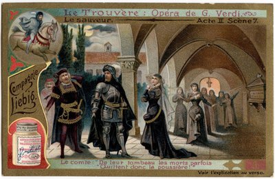 The Save Act II -kohtaus 7. Kuvitus Giuseppe Verdin (1813-1901) oopperalle "" Löytö"" (Il trovatore). Kromolitografia (Chromo) Liebig 1800-luvun lopulta. tekijältä Unknown artist