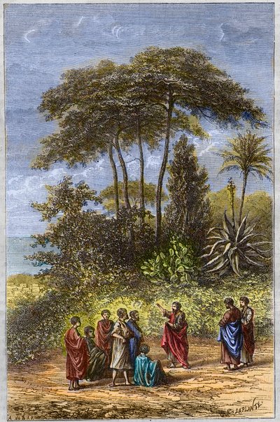 Pythagoraan koulu - Pythagoras oppilaidensa joukossa Krotonassa - kaiverrus 1879 - Filosofi Pythagoras ja hänen opetuslapsensa Crotonen varjossa, kaiverrus vuodelta 1879 tekijältä Unknown artist