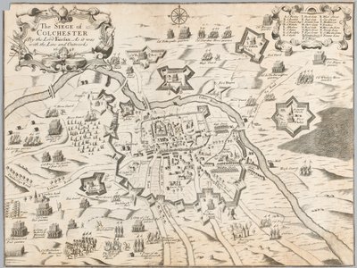 Lord Fairfaxin Colchesterin piiritys, sellaisena kuin se oli linjan ja rakennusten kanssa 1648 (kaiverrus) tekijältä Unknown artist