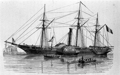 Sfinksi, Ranskan laivaston ensimmäinen höyrylaiva, joka rakennettiin vuonna 1830. Kaiverrus 1800-luvulta. tekijältä Unknown artist