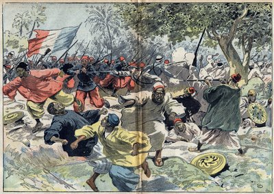 Sudanilaiset Samory Touren (noin 1835-1900) joukot sijoitettiin Cavalby-joen rantojen taakse ranskalaisen siirtokunnan toimesta luutnantti Walfelin alaisuudessa. Sudan, 9. syyskuuta 1898. Kuvitus "" Le Pelerin" -julkaisussa 9. lokakuuta tekijältä Unknown artist