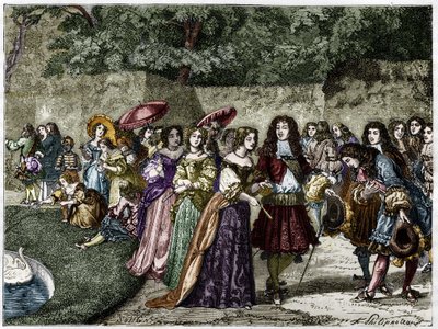 Aurinkokuningas (Louis XIV Versaillesin puutarhassa ympäröi hänen pihaansa). Kaiverrus 1800-luvulta. tekijältä Unknown artist