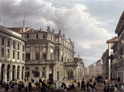 Teatro alla Scala Milanossa 1800-luvun alussa. Kauden kaiverrus. Museo della Scala de Milano tekijältä Unknown artist
