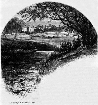 Thames Hampton Courtissa: Hampton Court Palace, Englannin kuninkaan Henrik VIII:n entinen asuinpaikka. Kaiverrus 1800-luvulta. tekijältä Unknown artist
