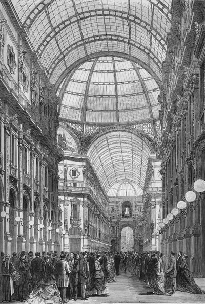 Victor Emmanuel -galleria (Victor-Emmanuel) Milanossa vuonna 1867. (Galleria Vittorio Emanuele). Kaiverrus vuodelta 1867. tekijältä Unknown artist