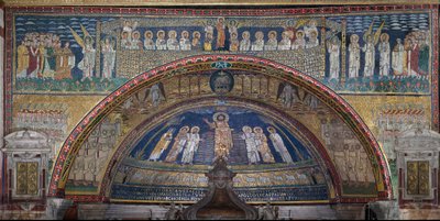 Taivaallisen Jerusalemin visio: Enkelit toivottavat valitut tervetulleiksi. Alla Jumalan karitsa. Yksityiskohta. Mosaiikki noin 830. Santa Prasseden basilikan riemukaari, Rooma tekijältä Unknown artist