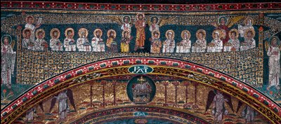 Taivaallisen Jerusalemin visio: Enkelit toivottavat valitut tervetulleiksi. Alla Jumalan karitsa. Yksityiskohta. Mosaiikki noin 830. Santa Prasseden basilikan riemukaari, Rooma tekijältä Unknown artist