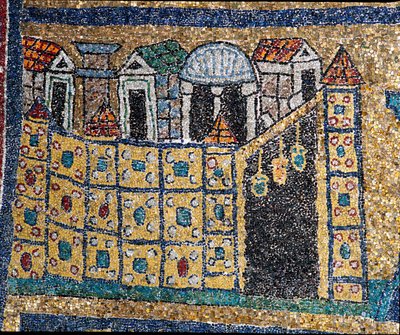 Taivaallisen Jerusalemin visio: yksityiskohta Jerusalemista, joka on esitetty linnoitettuna lainauksena. Mosaiikki noin 830. Santa Prasseden basilikan riemukaari, Rooma tekijältä Unknown artist