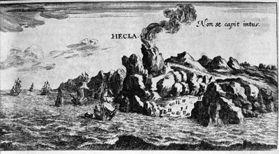 Volca Hekla Islannin rannikolla - Johamm Zahnin teoksessa Maailman ihmeet, sd. 1696. tekijältä Unknown artist