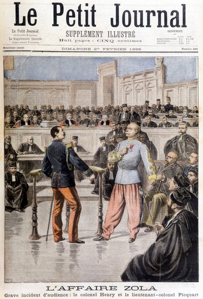 Zolan tapaus: Eversti Hubert Henryn (1846-1898) ja everstiluutnantti Georges Picquartin (1854-1914) välinen vakava kuulemistapahtuma - "" Le Petite Journal" -lehdessä 27.2.1898 tekijältä Unknown artist