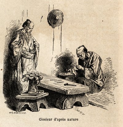 Luonnonjälkeinen talttaaja. Kaiverrus havainnollistamaan matkaa Japaniin vuosina 1863-1864, Sveitsin valaliiton ministeri Aime Humbert, "Le tour du monde, nouveau journal des voyages", julkaistu Edouard Chartonin johdolla. tekijältä Unknown artist