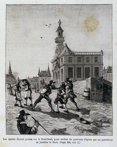 Agentit sijoitettiin Pont Neufiin pysäyttämään ne, jotka eivät pystyneet perustelemaan oikeuttaan. tekijältä Unknown artist