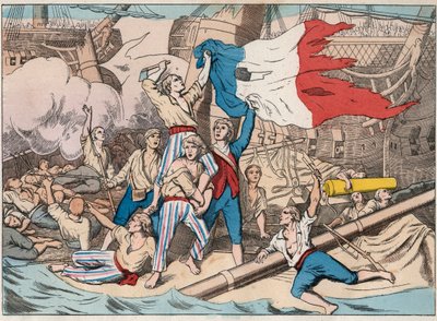 Kolme englantilaista laivaa hyökkäämään "Avenger" -aluksen tuskiin 1. kesäkuuta 1794 meritaistelun aikana 14. Prairal, vuosi II (2. kesäkuuta) tekijältä Unknown artist