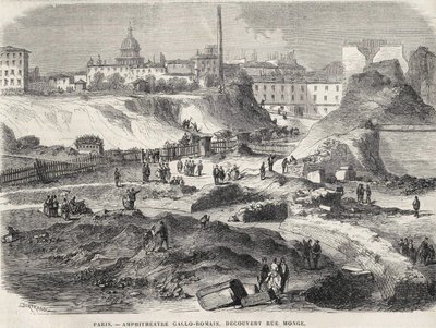 Amfiteatteri Gallo Romain löysi Rue Mongesta Pariisista vuonna 1870, nykyisen Arenes de Lutècen. Kaiverrus 1800-luvulta. tekijältä Unknown artist
