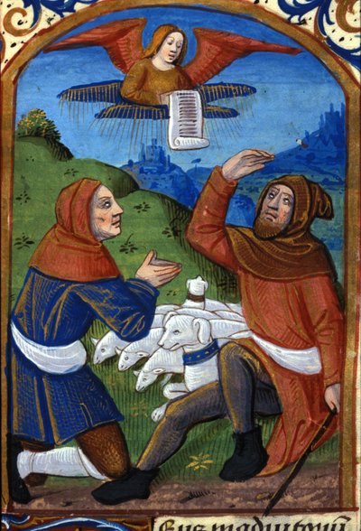 Enkeli julistaa paimenille Jeesuksen syntymän. 1500-luvun käsikirjoitus. Biblioteca Nazionale Braidense, Milano tekijältä Unknown artist