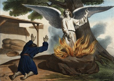 Enkeli ilmestyy Gideonille (Gideon) vapauttamaan Israelin kansan Madianin miehityksestä. Anonyymi kaiverrus 1800-luvun puolivälistä. tekijältä Unknown artist