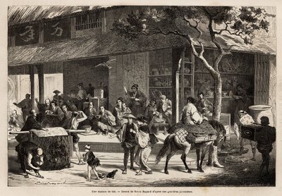 Talon animaatio ja kadun toiminta. Kaiverrus havainnollistamaan matkaa Japaniin vuosina 1863-1864, Sveitsin valaliiton ministeri Aime Humbert "" Le tour du monde, nouveau journal des voyages" -julkaisussa, joka julkaistiin johdolla. tekijältä Unknown artist