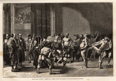 Sumopainin harjoittelijat lämmittävät, venyttelevät, muotoutuvat ja keskittyvät ennen taistelua. Kaiverrus havainnollistamaan matkaa Japaniin, Sveitsin valaliiton ministeri Aime Humbert 1863-1864, julkaistu "" le tour du monde" -lehdessä. tekijältä Unknown artist