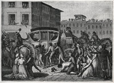 Paavi Pius VI:n (Giovanni Angelo Braschi dit Pius VI, PIO 1717-1799) saapuminen Grenobleen vuonna 1799. Kaiverrus vuodelta 1800. tekijältä Unknown artist