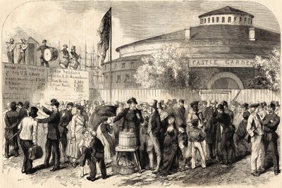 Maahanmuuttajien saapuminen New Yorkiin huhtikuussa 1865. Mr. Shanlyn piirustus. 1800-luvun kaiverrus. tekijältä Unknown artist