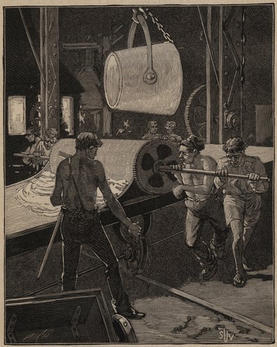 Lasin taito: jäätelön valmistus. Vaihe nimeltä "iso virtaus". Kaiverrus vuodelta 1885 kirjassa "Les arts et metiers illustres", kirjoittanut Adolphe BITARD. tekijältä Unknown artist