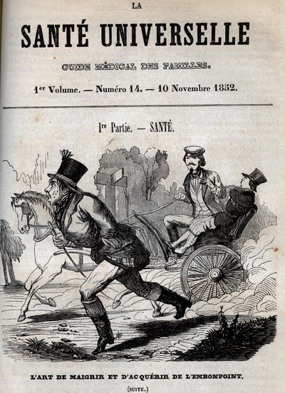 Painonpudotuksen ja ylipainon taito: yksi mies kävelee, kun toinen kuljetetaan vaunuissa - kaiverrus "La Sante Universelle - Guide Medical des Familles" 1852 tekijältä Unknown artist
