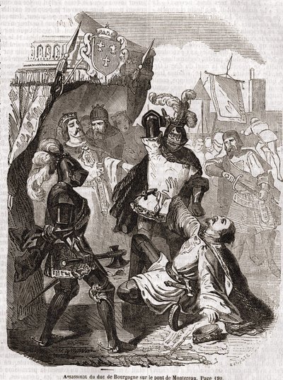 Burgundin herttuan (Jean sans Peur) salamurha Montereaun sillalla - Anquetil, Pariisin historiassa "Histoire de France" tekijältä Unknown artist