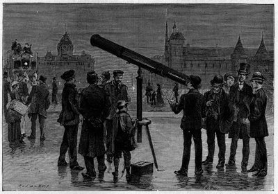 Tähtitieteilijä ja hänen tähtitieteellinen kehys Place du Chatelet -aukiolla Pariisissa Venuksen planeetan havaintojen aikaan helmikuussa 1889. Kaiverrus "" La Nature -kirjaan. Revue des sciences et de ses applications aux arts et a l