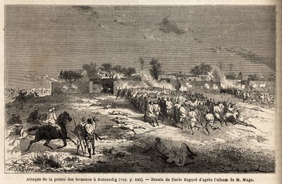 Kuningas Ahmadoun (Toucouleur) armeija hyökkäsi Sansandigiin, jonne paennut Bambara pakeni. Kaiverrus havainnollistamaan luutnantti (laivasto) M.Magen matkaa Länsi-Sudaniin vuosina 1863-1866, julkaistu "Le tour du monde, nouveau journal des voyages", u tekijältä Unknown artist