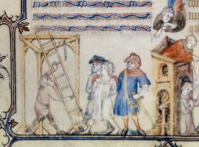 "hirtettyjen balladi". Miniatyyri, joka kuvaa Francois de Moncorbier dit Villonin (1431/1432-1463) runoa. 1400-luku (pienikokoinen) tekijältä Unknown artist