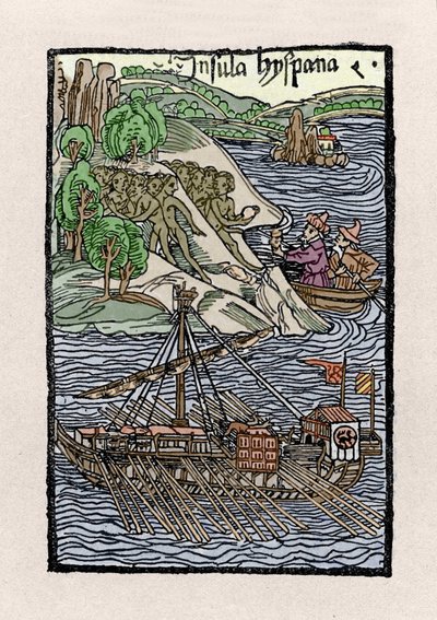 Christopher Columbuksen (1451-1506) haukku Hispaniolassa. Kaiverrus kirjasta "" De insulis in mare Indico super inventis", Bale 1493-1494 (Latinalainen käännös Kolumbuksen raportista Espanjan kuninkaalle). tekijältä Unknown artist