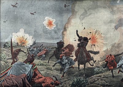 Der Beginn der Kriegsfliegerei: Die Militärflieger der französischen Armee zerstreuen mit Bomben die rebellischen Riata um Taza in Marokko, Juli 1914 von Unknown Artist