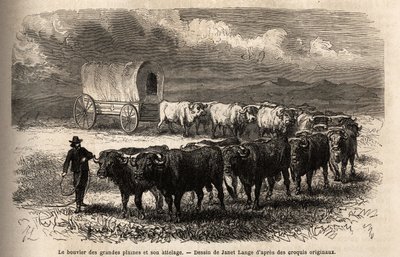Isot tasangot ohjaavat ja sen vetokoukku. Kaiverrus havainnollistamaan matkaa Amerikan kaukaa länteen, M. L. Simonin, vuonna 1867, julkaistiin "Le tour du monde, nouveau journal des voyages" -lehdessä, toimittanut Edouard Charton tekijältä Unknown artist
