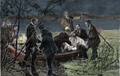 Baviere Wittelsbachin (1845-1886) Louis (Ludwig) II:n ruumis hukkui tohtori Guddenin kanssa Starnberg-järvestä lähellä Bergin linnaa kesäkuussa 1886 Kaiverrus tekijältä Unknown artist