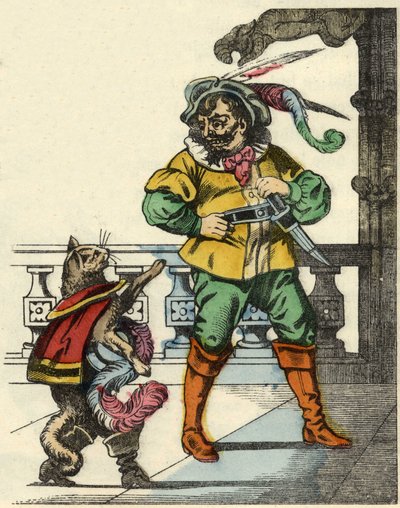 Saapaskissa kohtaa ogren. Kuvitus Charles Perraultin tarinasta "Kissapullo". tekijältä Unknown artist