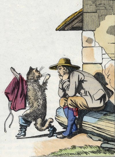 Kissa pyytää isäntältään vaatteita ja saappaita ja lupaa rikastua pian. Kuva Charles Perraultin tarinasta "Le chat botte" tekijältä Unknown artist